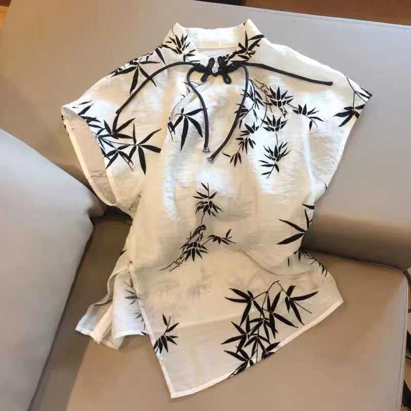 衬衫高级立领水墨印花复古盘扣