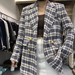 小香风粗花呢西装外套2024秋冬加棉加厚女韩版长袖单排扣气质上衣