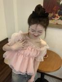 超仙上衣潮 显瘦甜美露肩方领泡泡袖 一字肩纯欲小衫 女2025春夏新款