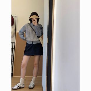 衬衫 港风复古宽松polo领条纹长袖 搭慵懒风显瘦针织毛衣马甲两件套