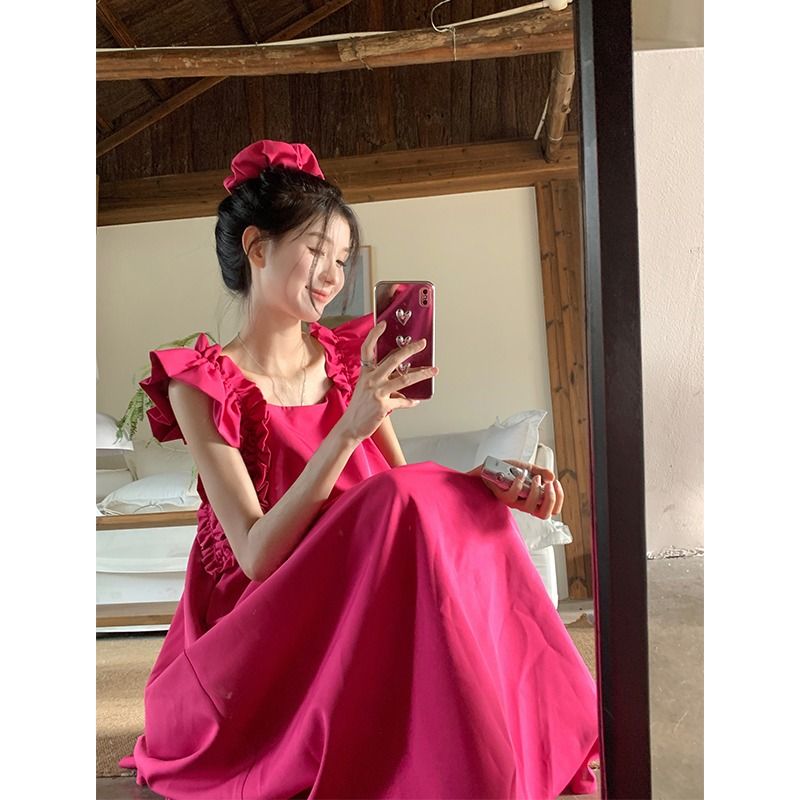 小飞袖玫红色无袖方领连衣裙女夏季2025新款性感露背修身显瘦裙子