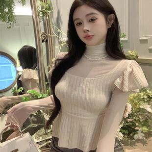 显瘦T恤上衣女 女春秋小香风修身 纯欲假两件拼接高领小飞袖 针织衫