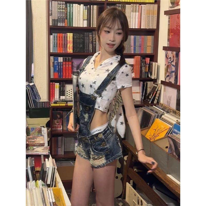 时尚套装甜辣星星印花兔耳朵连帽T恤上衣女夏牛仔背带短裤两件套