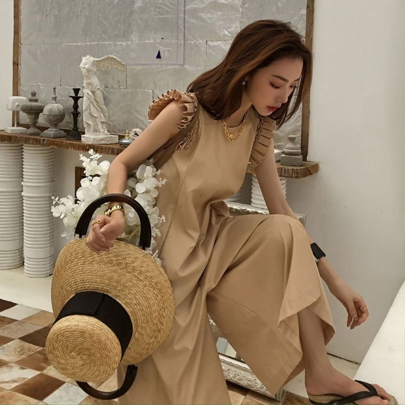 新款休闲宽松遮肚显瘦无袖阔腿连体裤女夏小个子九分裤薄款