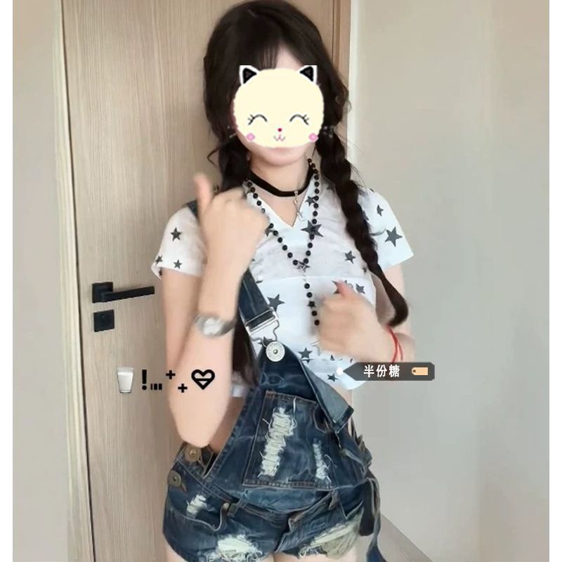 时尚套装甜辣星星印花兔耳朵连帽T恤上衣女夏牛仔背带短裤两件套