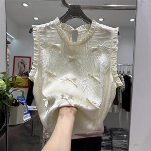 女夏季 衬衫 新款 时尚 上衣 法式 气质百搭小衫 仿丝立体蝴蝶结醋酸无袖