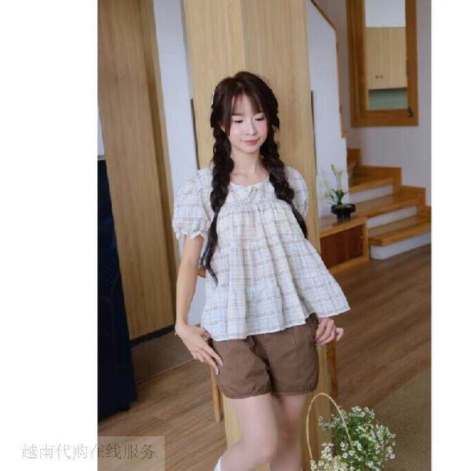 越家代越南小众sixi新款纯欲风宽松格子荷叶边泡泡袖上衣短裤套装