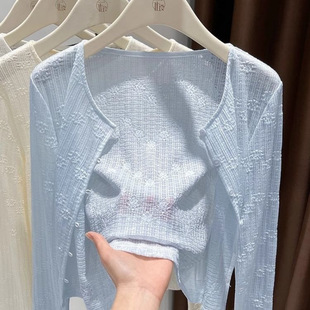 上衣女薄款 长袖 沙滩披肩搭配旗袍 外搭夏季 蕾丝防晒提花吊带裙开衫