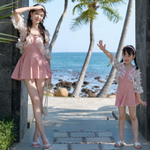 温泉亲子泳衣女母女连体裙式 防晒可爱女童公主粉色儿童游泳衣 长袖