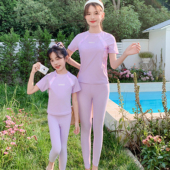 亲子泳衣女母女分体运动风短袖 防晒女童中小童可爱儿童游泳衣 长裤