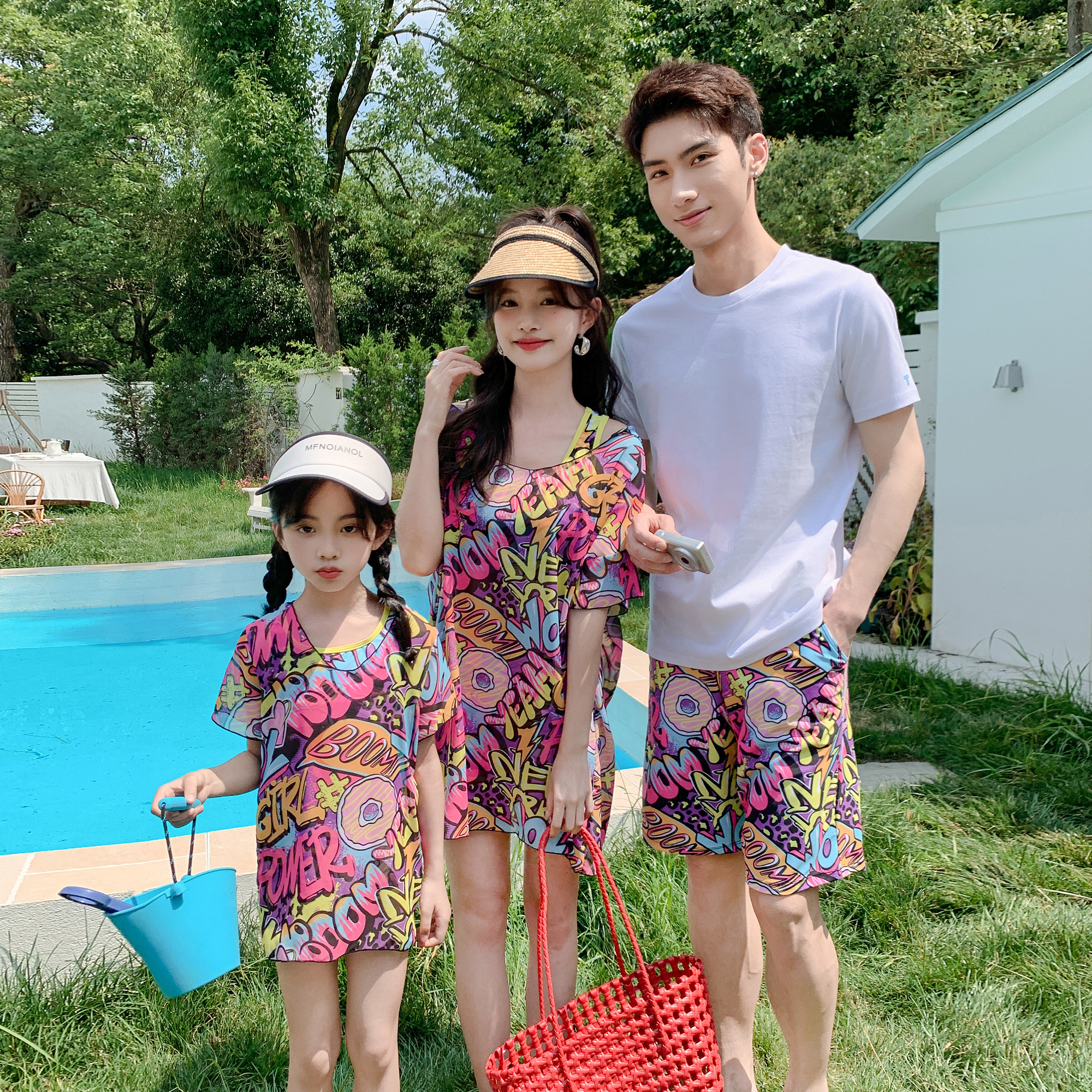 亲子泳衣母女分体三件套防晒女童宝宝儿童游泳衣一家三口家庭装