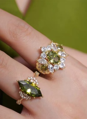 vintage中古橄榄绿戒指锆石复古轻奢高级感开口可调节食指中指