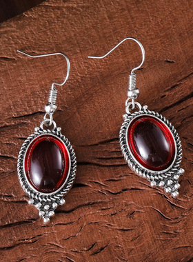 复古椭圆形红色宝石耳环女欧美波西米亚装饰耳坠名族风耳坠