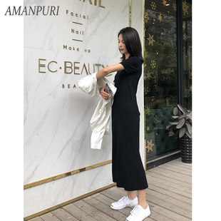 流动垂感的小黑裙/夏天冰丝莫代尔长裙通勤打底藏肉纯色女连衣裙