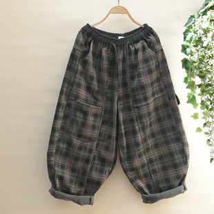 冬季 遮肉萝卜裤 加厚大码 慵懒休闲老爹裤 灯笼裤 复古格子加绒阔腿裤