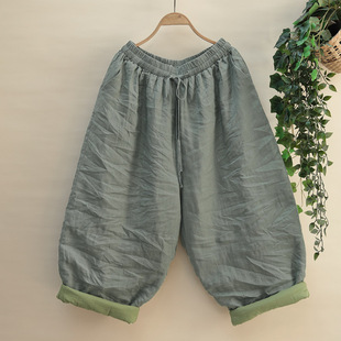 女宽松保暖老爹阔腿裤 日系大码 炒色亚麻哈伦裤 加厚九分休闲裤 棉裤