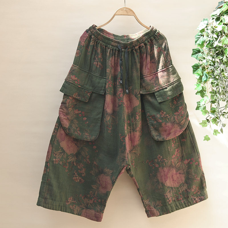 民族风大花哈伦裤大版低档垮裤双层棉纱嘻哈宽松大口袋休闲八分裤