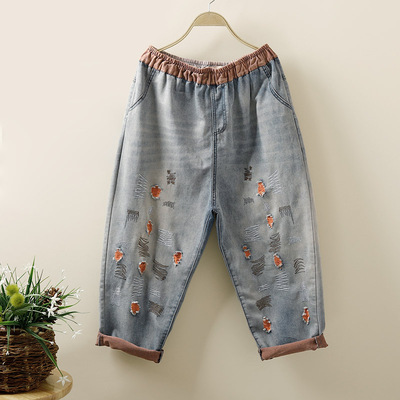 手工磨破薄破洞牛仔七分裤