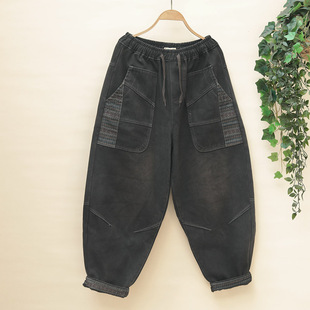 老爹裤 设计感褶皱牛仔裤 大版 宽松加绒加厚气球裤 女 女大口袋哈伦裤