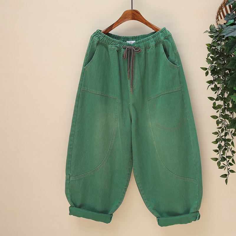 大码女装水洗阔腿斜纹棉休闲长裤