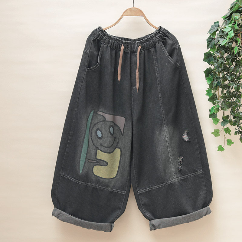 卡通风印花牛仔裤大码宽松遮肉哈伦裤百搭九分裤松紧腰宽松老爹裤