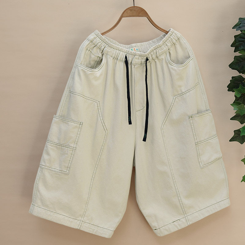 明线阔腿裤松紧腰吊裆垮裤宽松减龄多口袋牛仔中裤大码夏季7分裤