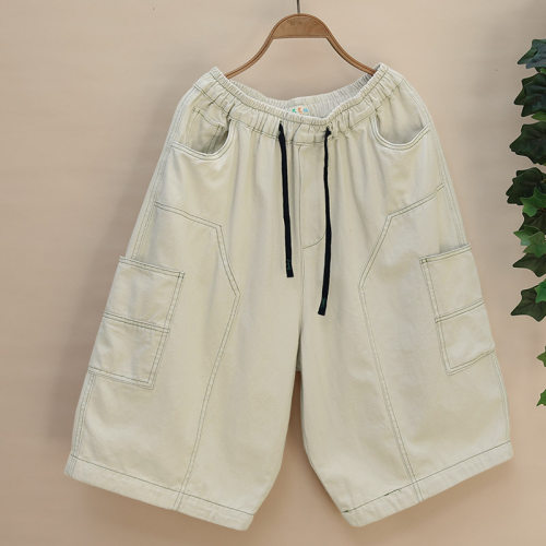 工装多口袋7分裤松紧腰阔腿中裤