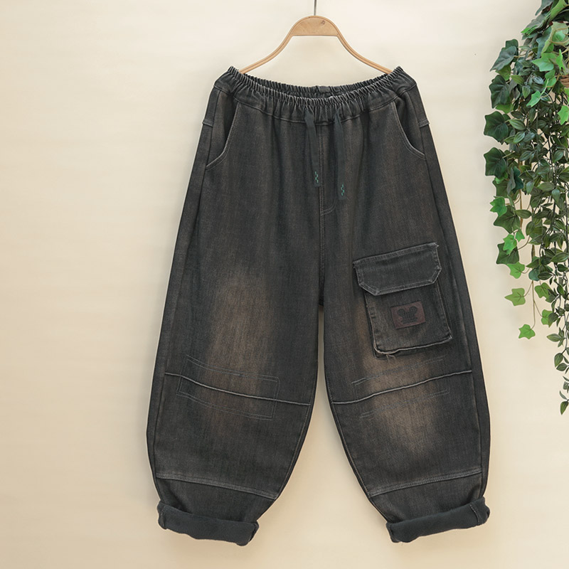 冬季复古风保暖锥形裤系带大码牛仔裤立体口袋宽松加绒加厚哈伦裤