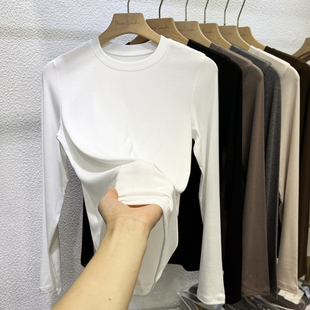 2025秋冬装新款小圆领薄款长袖面膜T恤女修身轻薄柔软打底衫上衣