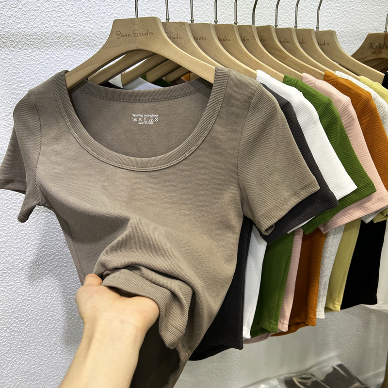 短袖纯色简约百搭露锁骨螺纹棉女
