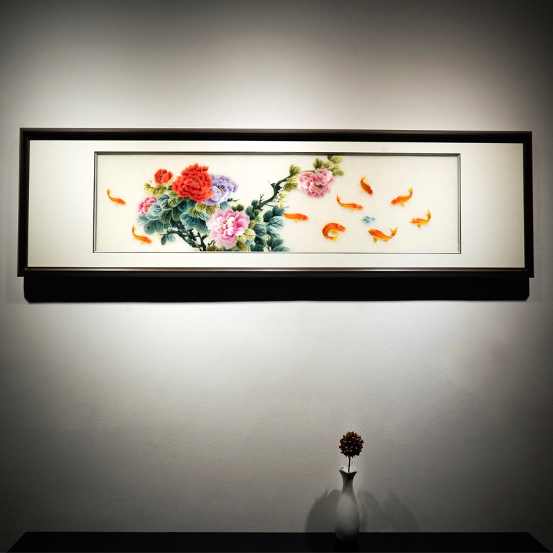 纯手工精品2丝限量2幅牡丹九鱼床头苏绣成品装饰画卧室书房刺绣画图片