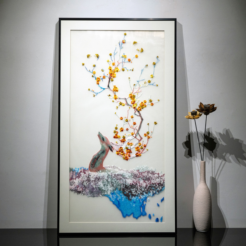 新中式一鹿高升苏绣玄关成品画走廊书房刺绣装饰画礼物实木框装裱图片