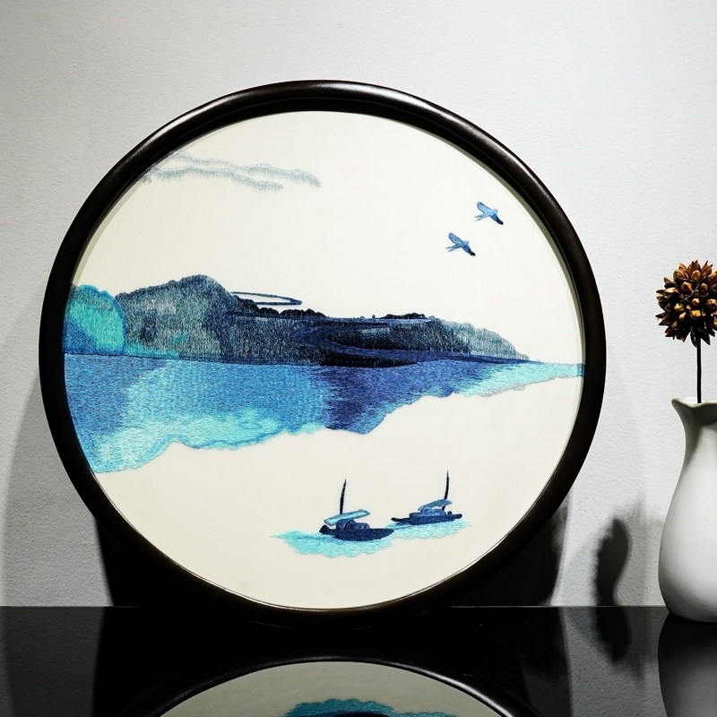苏绣圆形玄关入户走廊装饰挂画山水花鸟餐厅刺绣成品画乔迁小礼物图片