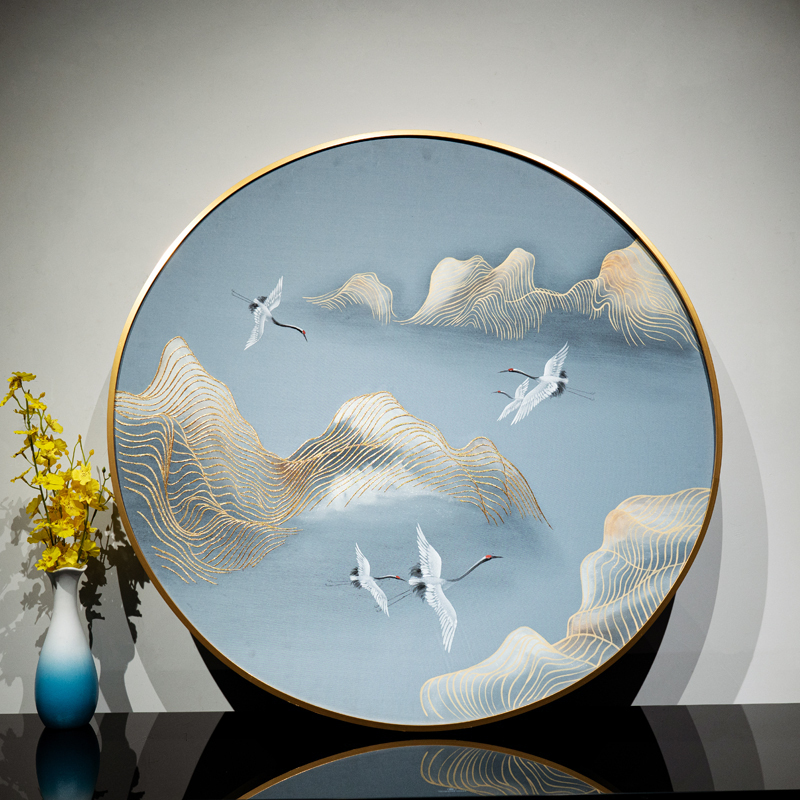 现代局部刺绣苏绣装饰挂画圆形鹤鸣九皋玄关过道背景壁画仙鹤刺绣图片