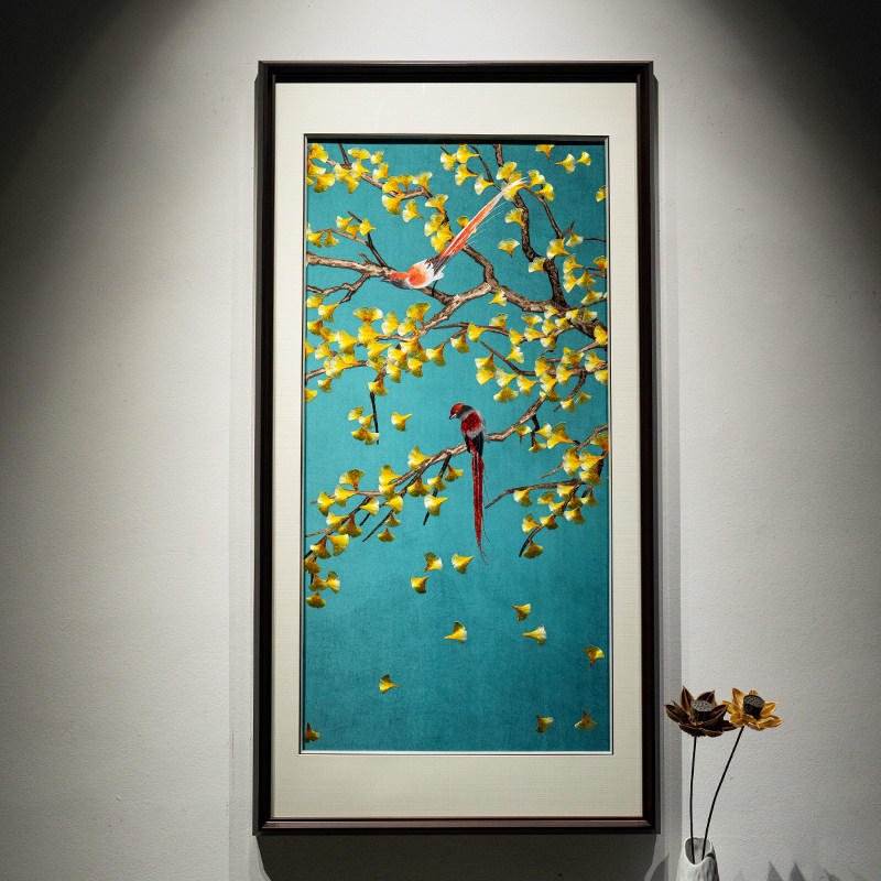 苏绣手工刺绣画银杏吉祥玄关走廊书房背景墙挂画成品实木框装饰画