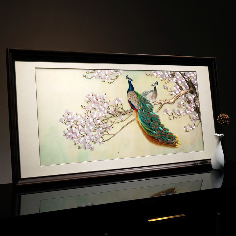 苏绣精品2--4丝富贵吉祥孔雀餐厅书房沙发背景墙刺绣成品装饰挂画图片