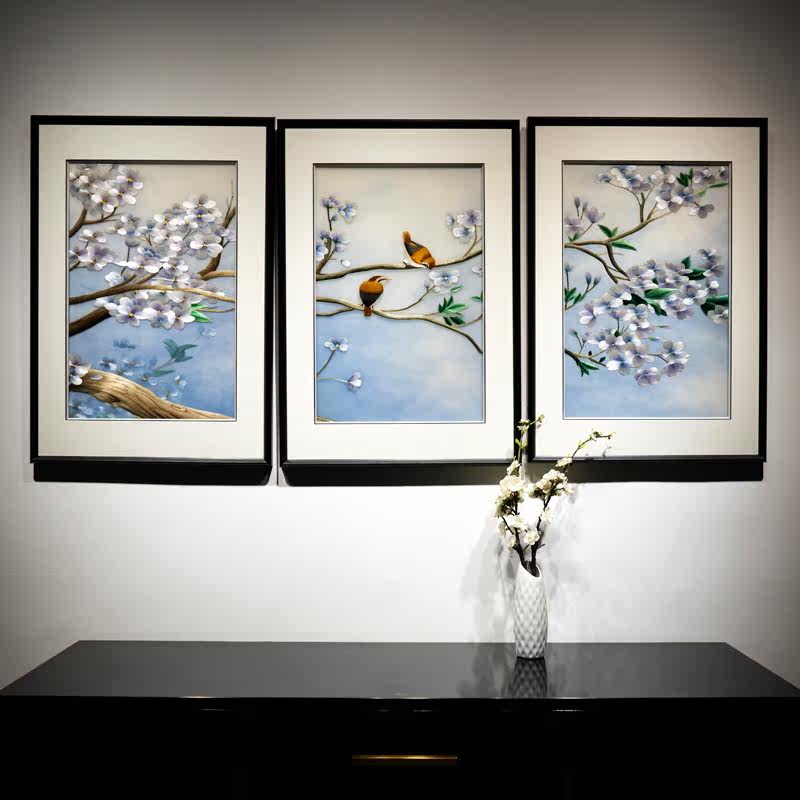 现货纯手工精品苏绣花鸟三联画沙发背景墙成品挂画茶室刺绣装饰画