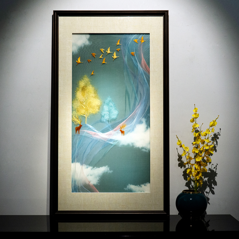 新中式福禄锦上苏绣成品挂画玄关竖版金色麋鹿招财进门刺绣装饰画图片