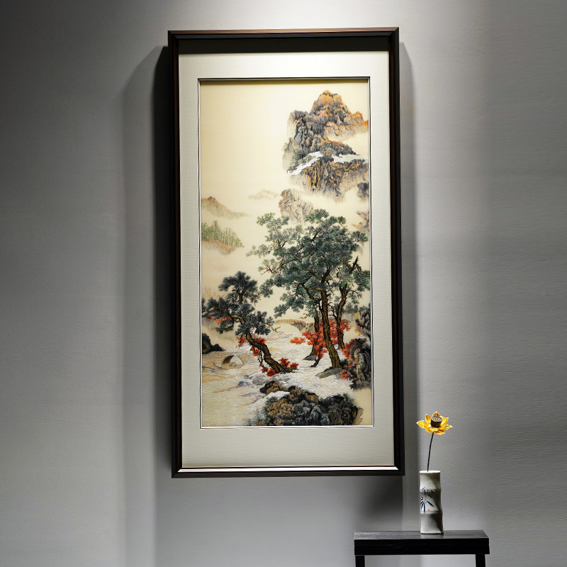 山水松树刺绣装饰画苏绣玄关画