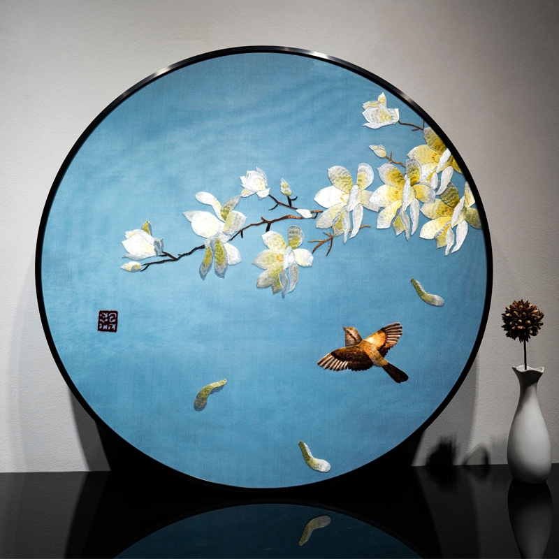 全绣玉兰花苏绣挂画玄关客厅入户走廊成品装饰画刺绣画圆形实木框图片