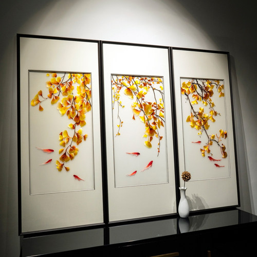 新中式客厅装饰画三联苏绣成品挂画沙发背景墙手工绣刺绣银杏九鱼 - 封面