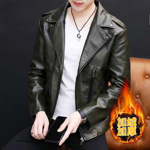 秋冬男士加绒皮衣夹克外套翻领开衫青年保暖皮茄克工装加厚皮袄子