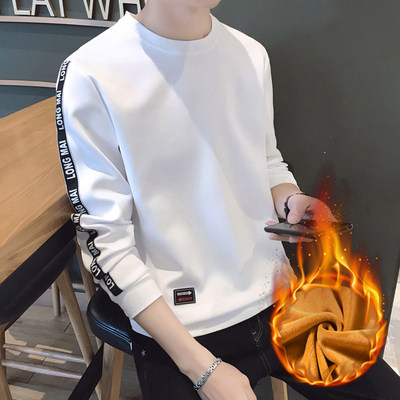 秋冬男士加绒加厚圆领长袖卫衣针织衫韩版青年保暖织带卫衫情侣装