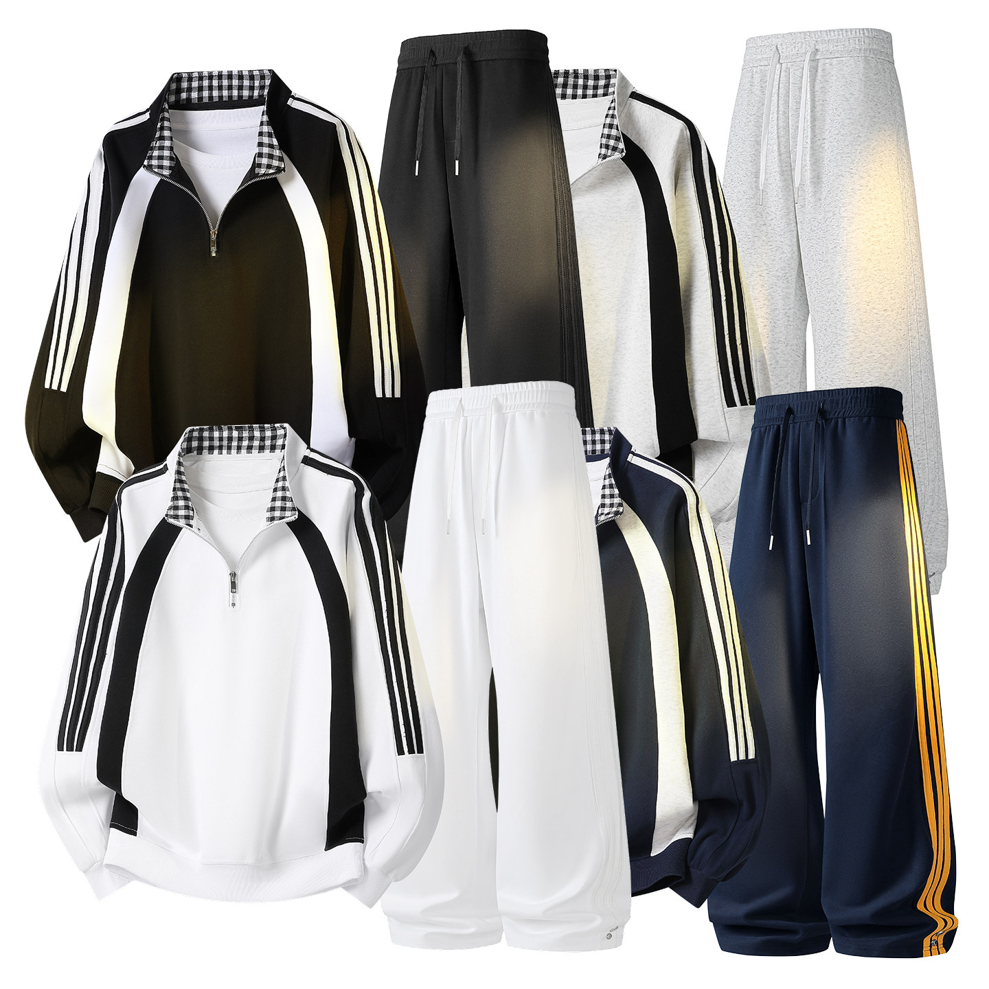 秋冬男士条纹半拉链卫衣套装青年学生宽松休闲运动服卫裤两件套