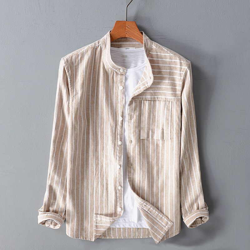 男士条纹亚麻长袖衬衫日系复古青年立领衬衣文艺清新时尚寸衫上衣