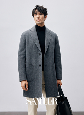意式绅士 高端定织人字纹羊毛面料 西装领羊毛呢大衣外套 DAF194