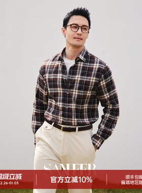 【都市绅士】高档色织格纹磨毛面料 冬季通勤纯棉长袖衬衫 DAH453