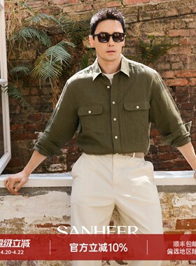 【意式优雅】高级时尚双口袋 春夏季雨露亚麻宽松长袖衬衫 DAH483