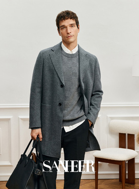 意式绅士 高端定织人字纹羊毛面料 西装领羊毛呢大衣外套 DAF194