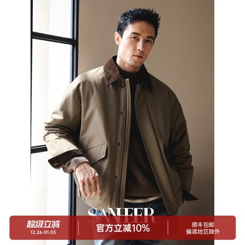 冬季巴恩风撞色灯芯绒翻领羽绒服